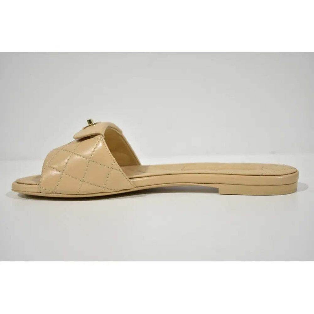 Chanel REV Beige Turnlock Quilted Gold CC Logo Mules Slide Sandal Flop Flat 35 - Picture 9 of 12